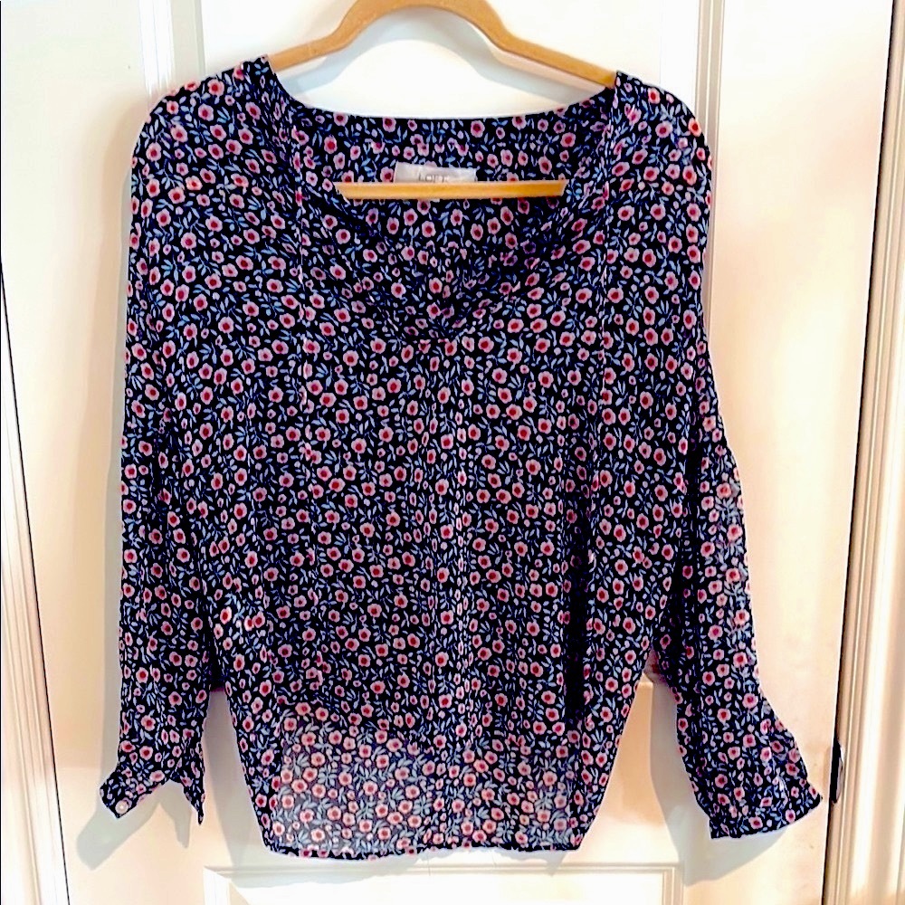 Beautiful Floral Print Sheer Navy Blouse by Loft